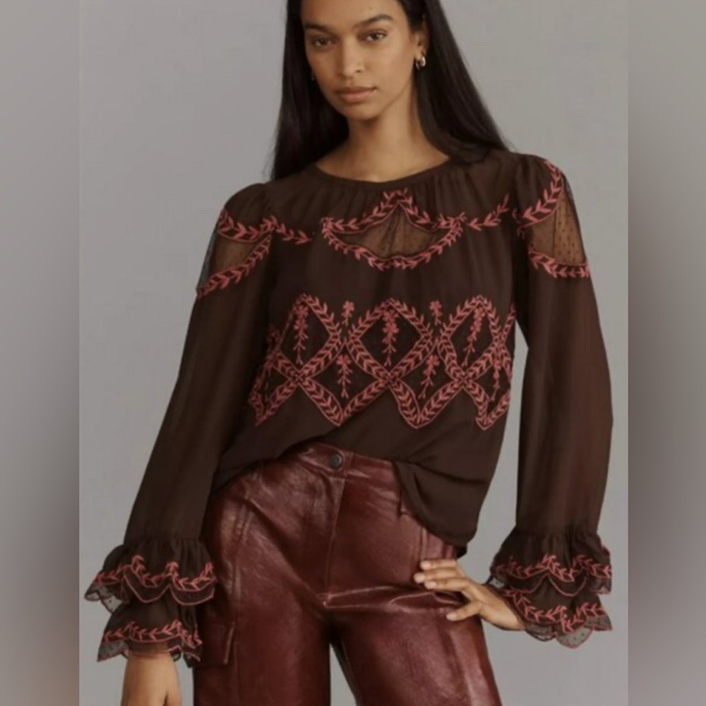 Anthropologie Long Sleeve Appliqué Women’s Blouse M NEW!‎